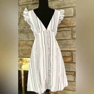 NWOT Linen Button Front Striped Ruffle Sleeve Dress w/ Tie Back: Size Small